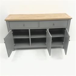 Next Malvern grey and oak sideboard, two drawers above three cupboards, stile supports, W138cm, H81cm, D40cm