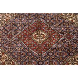 North West Persian Tabriz hand-knotted rug, ivory field with a central lozenge shaped medallion in indigo and madder red, issuing an ornamented arrangement of Herati style motifs, rosettes and angular floral elements, conforming spandrels on an ivory ground, main border in madder red with stylized vinery and palmettes, flanked by multiple guard border, with cotton fringe ends 