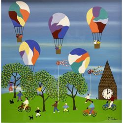 Gordon Barker (British 1960-): Hot Air Balloons, acrylic on paper signed 28cm x 28cm