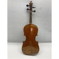 German violin c1900 for re-assembly with 36cm two-piece maple back and ribs and spruce top; L59cm; in ebonised wooden 'coffin' case with two bows