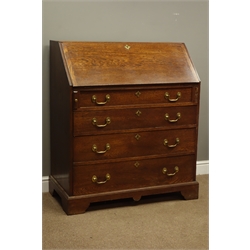  Late 18th century oak fall front bureau, interior fitted with pigeon holes and drawers, four graduating drawers, on bracket feet, W99cm, H114cm, D51cm  