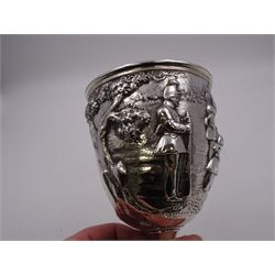 Victorian silver presentation goblet, chased and repousse decorated with military shooting scene, upon a beaded knopped stem and spreading circular foot with floral repousse decoration, the body with engraving 'Keighley 35th W.Y.R.V. All Comers Prize 1862 Won By Private Popplewell 37th W.Y.R.V.', hallmarked Robert Hennell III, London 1861