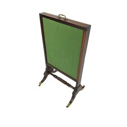 Regency mahogany screen with two horizontal and one vertical pull-out panels, on base with carved sabre legs and rope-twist stretcher