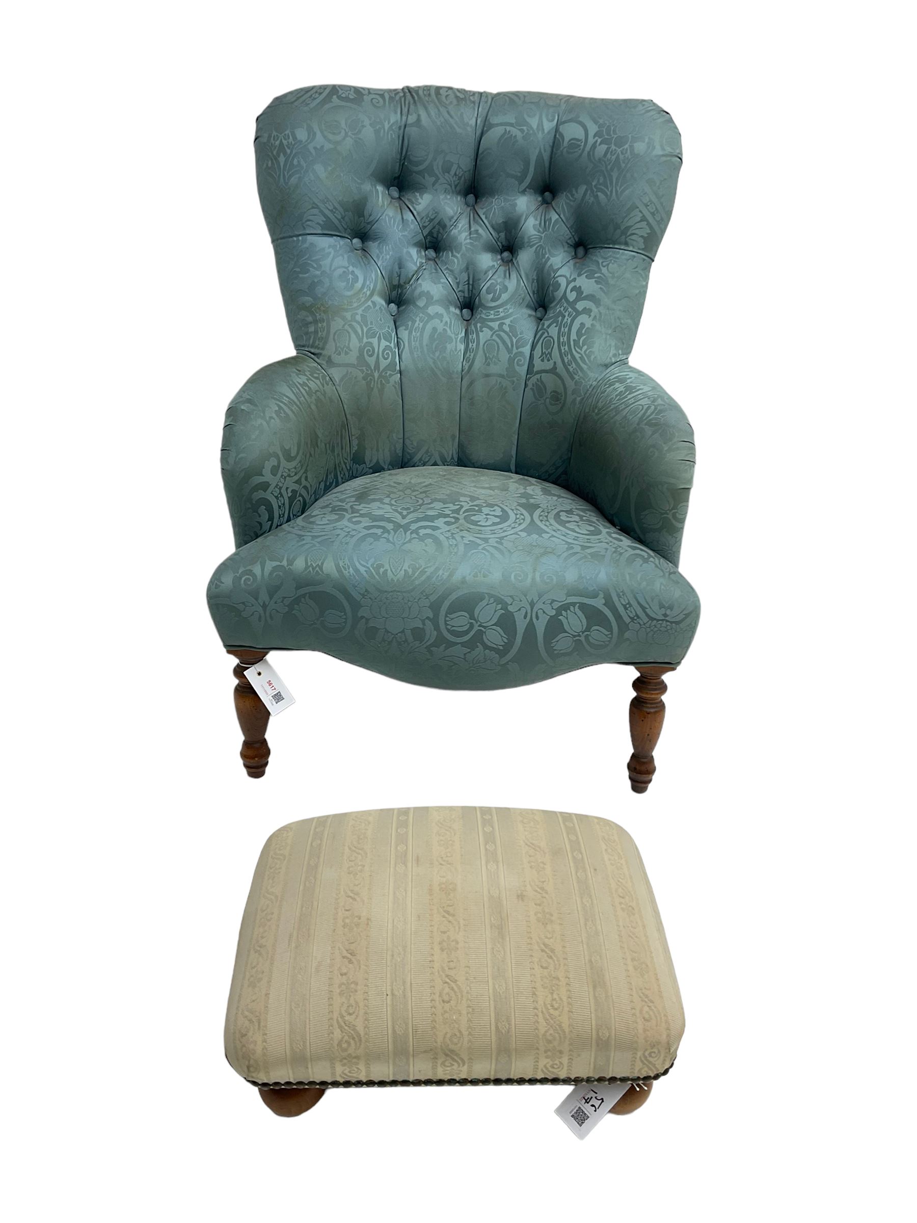 Victorian style bedroom chair in buttoned upholstry and a rectangular upholstered footstool