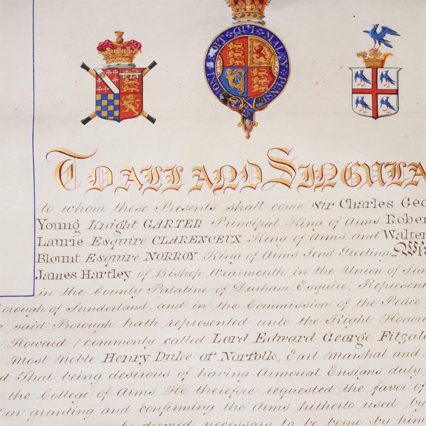 Victorian vellum Grant of Arms to James Hartley M.P. of Bishop Wearmouth, Union of Sunderland, County Palatine of Durham 1865, with three wax seals in gilt brass cases and original case 