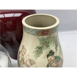  20th century Chinese Sang De Boeuf baluster form vase, together with  famille rose 'Wu Shuang Pu' style vase, a vase of baluster form depicting the immortals and another vase converted into a lamp 
