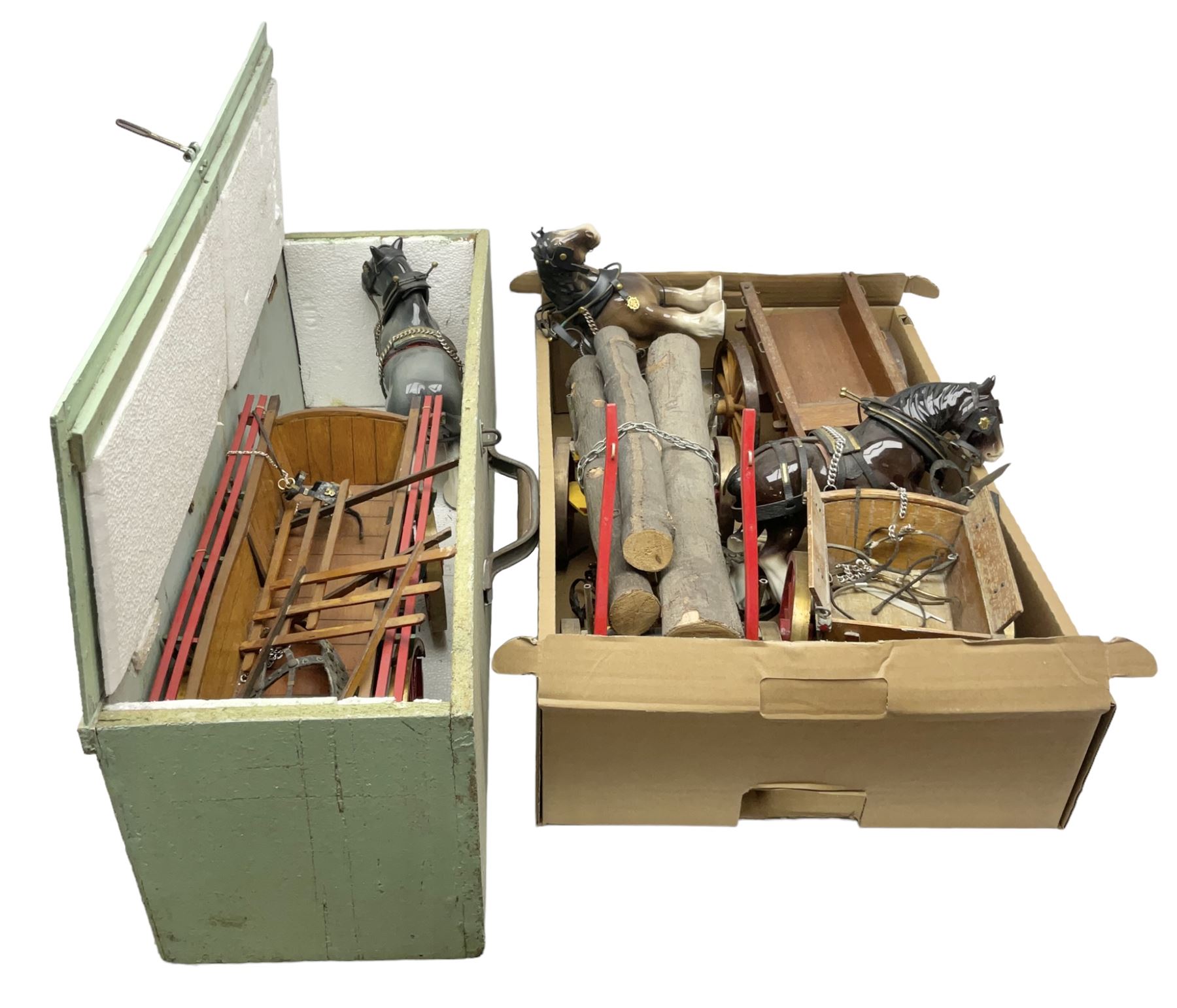 Melba Ware Shire horse figure and two similar, and four wood carts