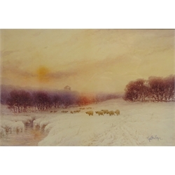  Sheep Grazing in the Snow, watercolour signed by Paul Bertram aka William Henry Pigott (British 1810-1901) 25cm x 37cm and 'Willows in the Evening Sun', watercolour signed with initials by George F. Nicholls (British 1885-1937) 32cm x 23cm (2)  