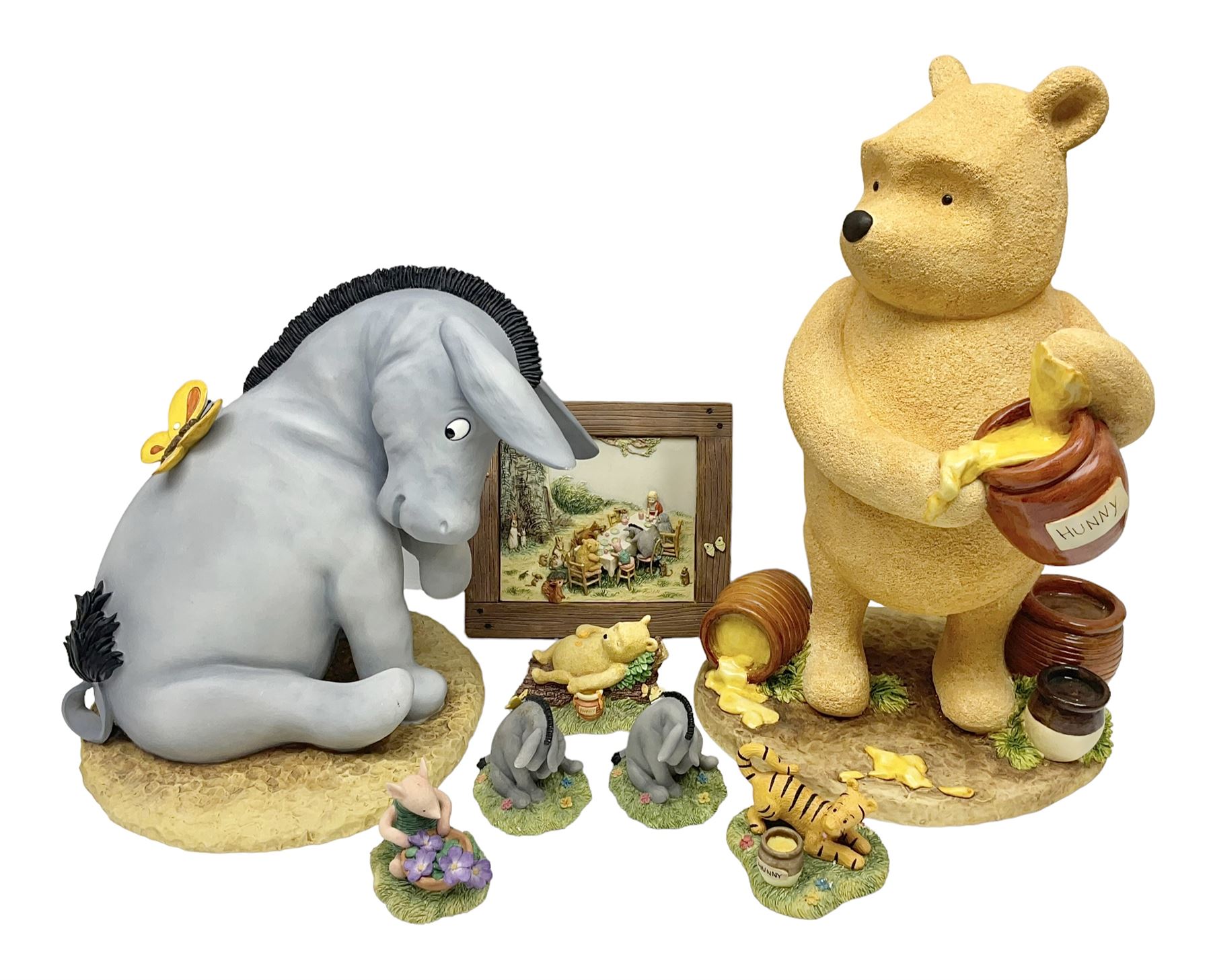 Border Fine Arts Winnie the Pooh figures, to include Large Pooh with Honey Pots, Large Eeyore, Pooh Party Wall Plaque and five figures from the Classic Pooh series, large pooh H42cm 