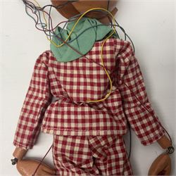 Pelham Puppet - a rare type SM Harlequin circa 1950s with painted black face mask, black felt hat, green ruff and red white chequered suit, H31cm; in original box with instructions 