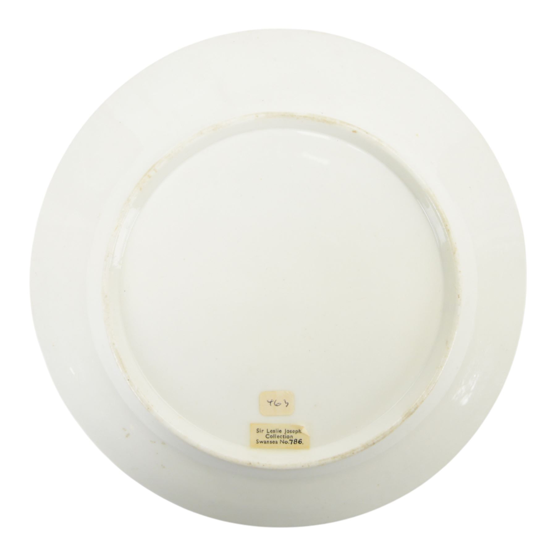 Swansea porcelain dished plate, decorated with band of poppy heads and gilded leaves upon a beige ground, with Sir Leslie Joseph Collection label beneath, D20.5cm