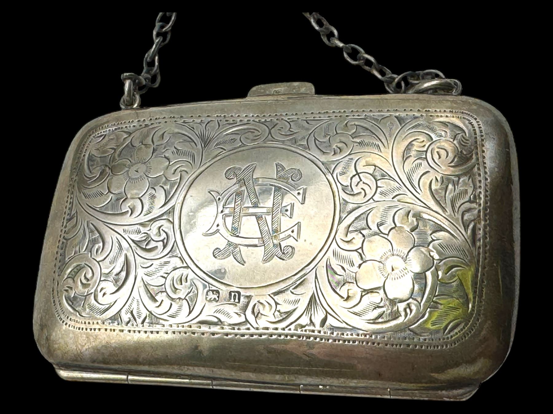 Silver coin purse, silver topped glass jar, both hallmarked together with a silver plated oval box