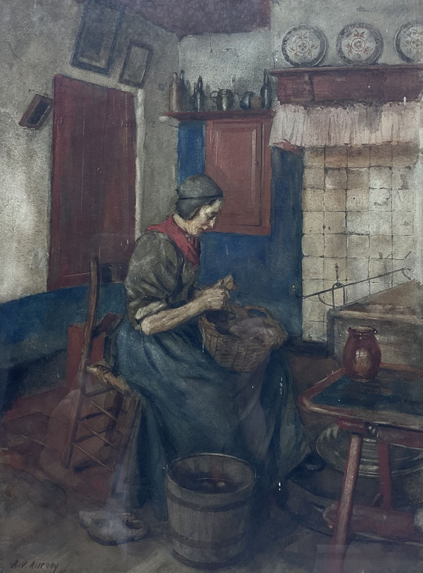 Anton Abraham Van Anrooy (Dutch 1870-1949): Interior Scene of Old Woman Peeling Potatoes, watercolour signed and dated '01, 40cm x 30cm 