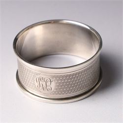 Silver cigarette box with presentation inscription, the hinged cover engraved with the crest of The Worshipful Company of Painter-Stainers W14cm London 1965 Maker Cohen & Charles and a silver napkin ring