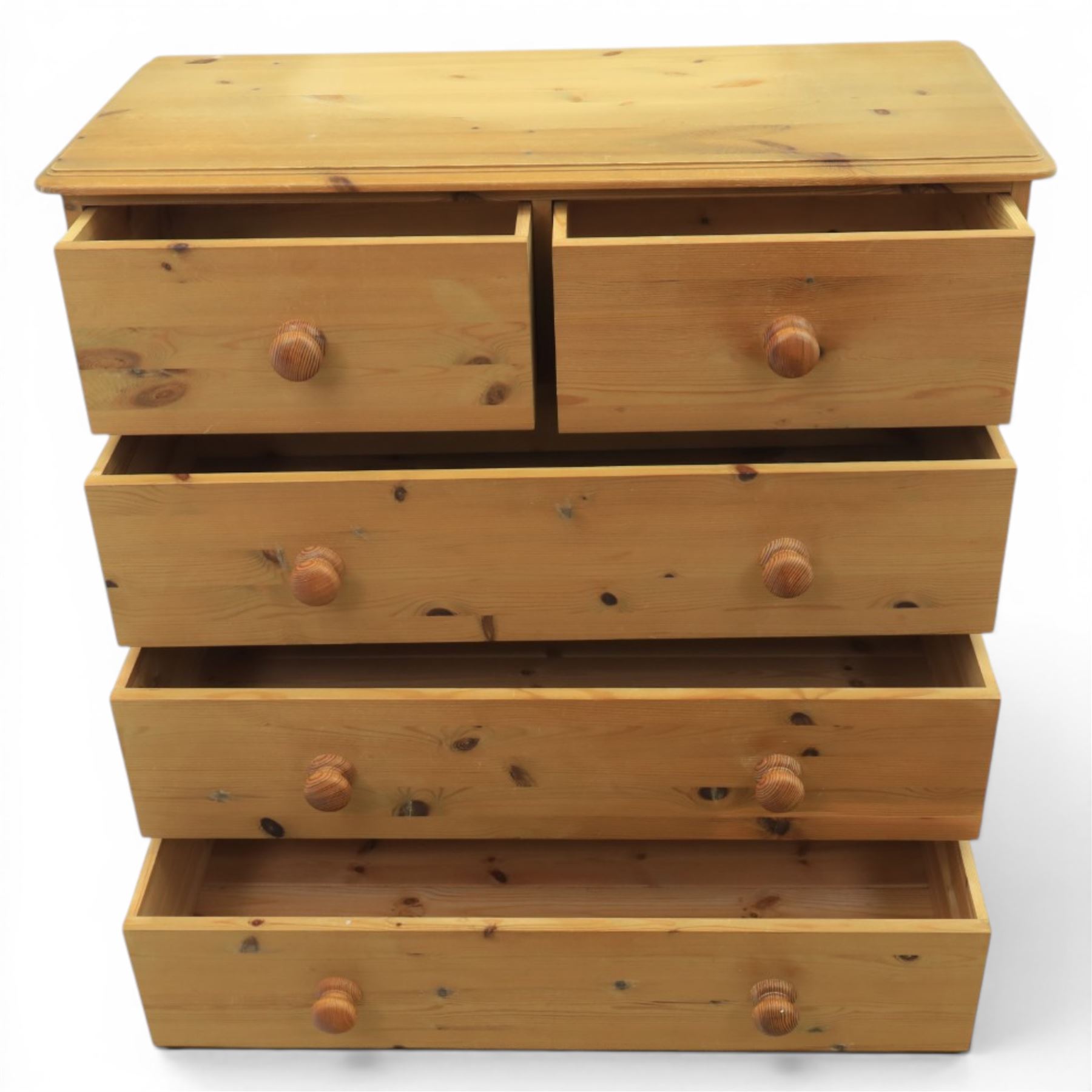 Solid pine chest, fitted with two short and three long drawers