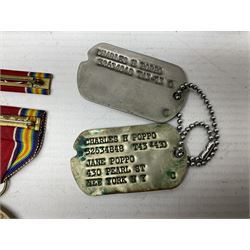 American Purple Heart Medal awarded to 32634848 Charles H. Poppo; cased with identity tags and paperwork; and Bronze Star Medal awarded to U.S. Marine Esteban T. Maranao; cased; American WWII Victory Medal and Asiatic Pacific Campaign Medal