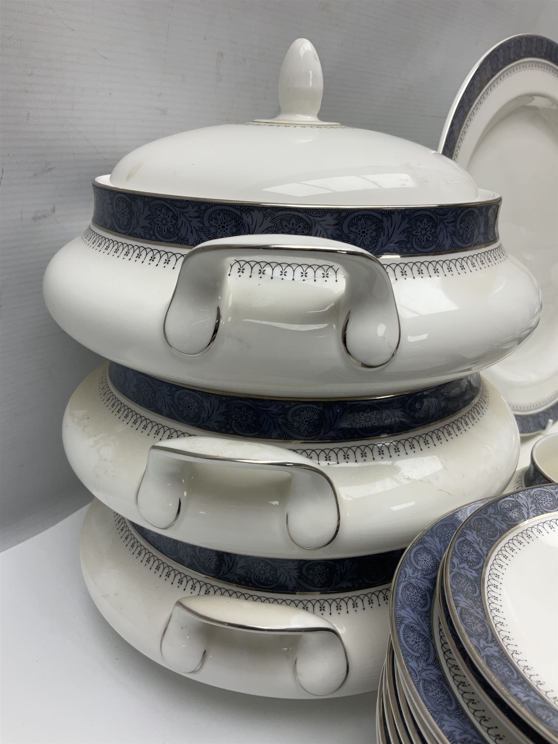 Royal Doulton Sherbrooke pattern part dinner and tea service, to include teapot, ten twin handled soup bowls and saucers, two serving platters, three twin handled covered dishes etc (63)  