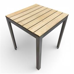 Three aluminium and wood garden tables