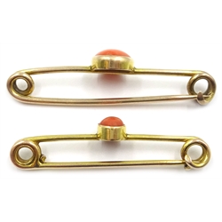  Two gold coral set bar brooches tested 9ct and a gold wedding band hallmarked 9ct   