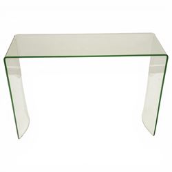 Ochre - contemporary glass console table, rectangular top over shaped twin end supports with concave terminals