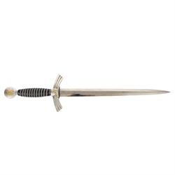 German Third Reich Luftwaffe Officers Dress Dagger by Alcoso Solingen, the 30cm double edged blade marked Alcoso Solingen, with plated down-swept quillons and pommel bearing swastika, wire-bound blue leather grip, the leather covered sheath with mounts and hanging chains, overall L50cm 
