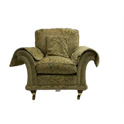David Gundry - traditional shaped two seat sofa (W180cm), and matching armchair (W100cm), upholstered in pale green fabric with raised scrolling foliate pattern