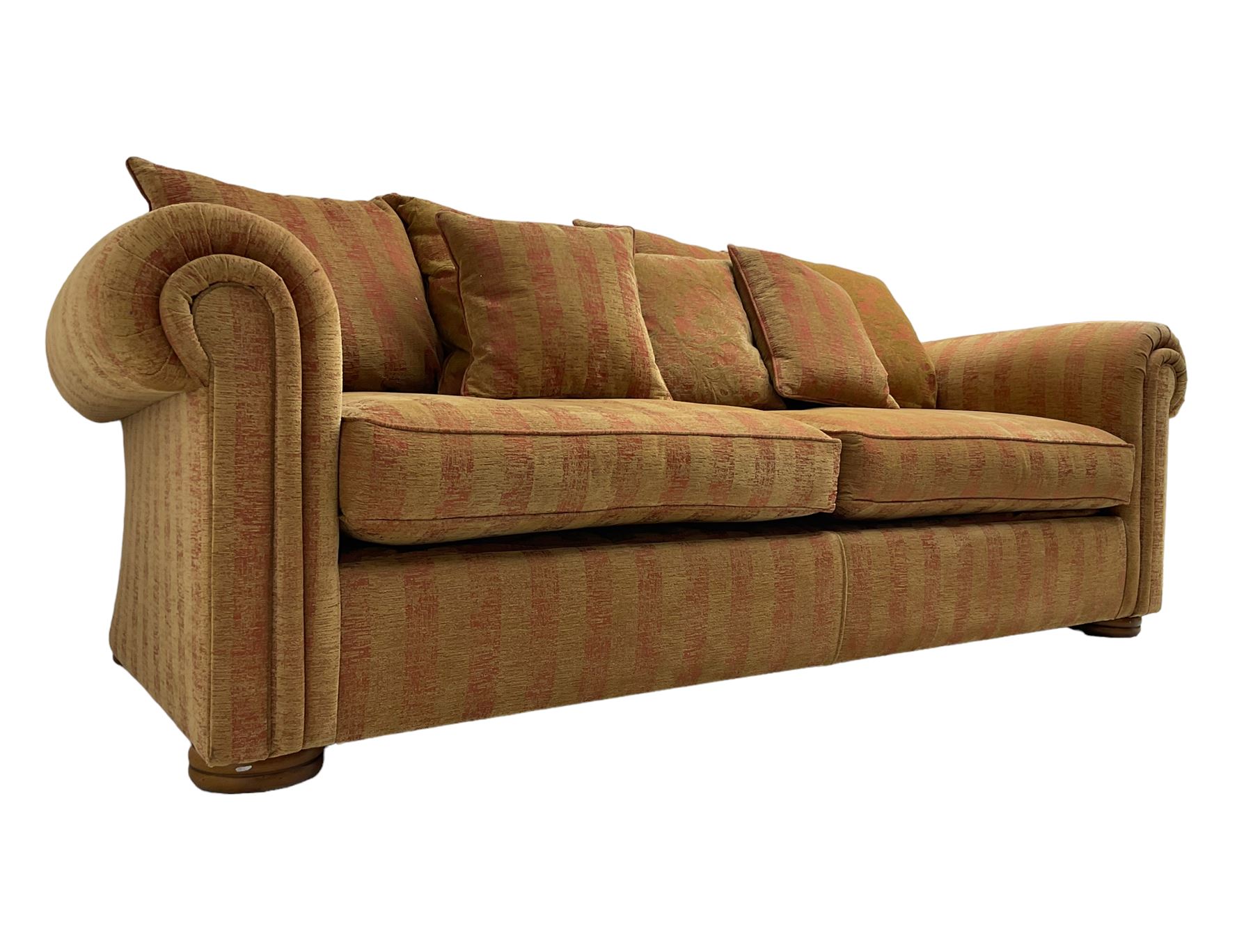 Duresta - 'Waldorf' sofa bed, traditional shape with rolled arms upholstered in red and gold striped fabric, together with scatter cushions upholstered in foliage pattern fabric