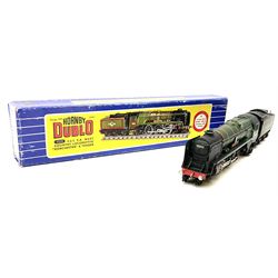 Hornby Dublo - three-rail Rebuilt West Country Class 4-6-2 locomotive 'Dorchester' No.34042 with tender, instructions and amendment sheet, guarantee and oil tube in blue striped box