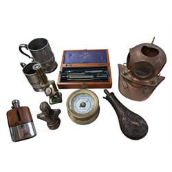 Reproduction miniature copper diving helmet, silver plated hip flask, early 20th century writing set by W.H. Harling, powder flask, two pewter tankards, etc