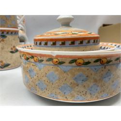 Villeroy & Boch Gallo design Switch 4 Naranja & Nazare pattern tea and dinner wares, to include seven dinner plates, twin handled lidded tureen, five mugs, four saucers, jug, lidded sucrier, large bowl,  seven ramekins, various side plates, two bowls etc