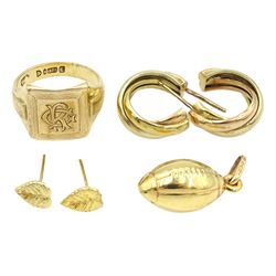 9ct gold jewellery including rugby ball charm, leaf stud earrings, pair of hoop earrings and a signet ring monogrammed 'RG', all hallmarked