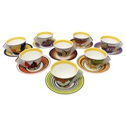 Wedgwood limited edition Clarice Cliff Design Taking Tea collection, comprising eight cups and saucers Honolulu, Apples, Gibraltar, Lilac Crocus, Trees and House, Coral Firs, Devon, and Sunray, with certificates of authenticity 