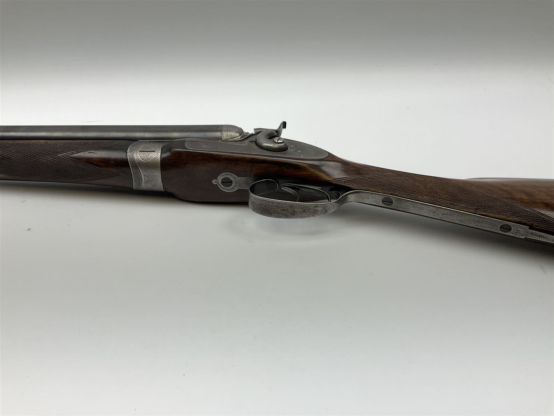 19th century Purdey 12-bore side-by-side double barrel black powder hammer gun, 76cm cylinder bored un-choked barrels with 2.5