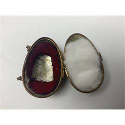 19th century lacquer thimble case with painted portrait of a woman to the hinged lid, together with two mother of pearl egg shaped thimble cases and one other