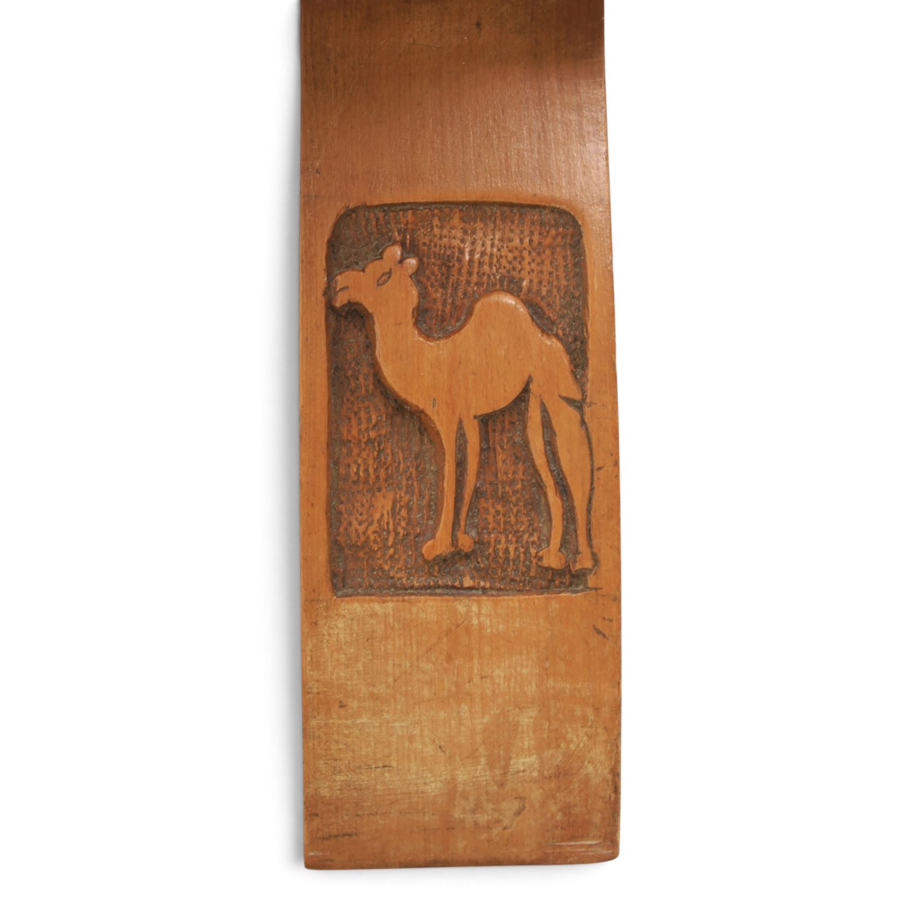 20th century Camel stool, tan leather seat with tooled design, raised on a light wood carved frame with camel design