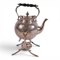Victorian silver plated spirit kettle, with foliate decoration and ebonises handle, H34cm 