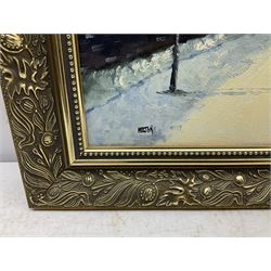 Barry Hilton (British 1941-): Snowy Winter Street Scene, oil on canvas signed 29cm x 39cm