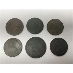 Thirty six late 18th century onwards tokens to include Georgian love token engraved ‘Betty Barlow’ to reverse of 1788 Anglesey Mines halfpenny, 1792 Coventry halfpenny, 1792 North Wales halfpenny, 1795 Duke of York halfpenny etc 