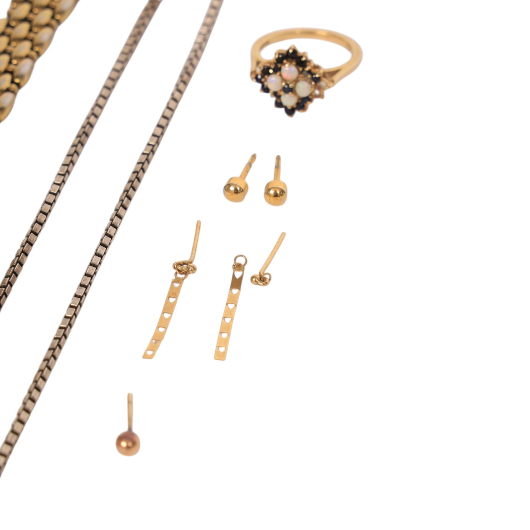 9ct gold jewellery including opal sapphire ring, pair of heart earrings, single earring, two silver necklaces, pair of gilt studs and Tissot watch