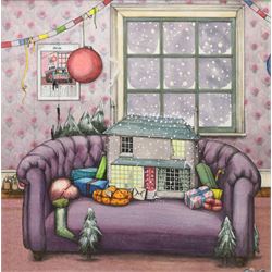 Colin Thompson (British/Australian 1942-): Snow-covered Home on a Sofa at Christmastime, i...