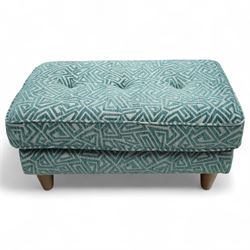 G-Plan Vintage - Contemporary unused Agatha 3 seater sofa, upholstered in G insignia fabric cushion seat and back cushion, rectangular side frame and matching fabric footstool, and additional unused seat cushion