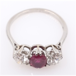  Three stone oval ruby and round old cut diamond ring, platinum set - each diamond approx 0.5 carat  