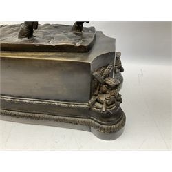 Large and impressive bronze figure of Wellington seated on a horse, on a sarcophogus shaped stepped base impressed 'Meunier Paris', the canted corners inset with battle trophies H68cm L50cm D22cm