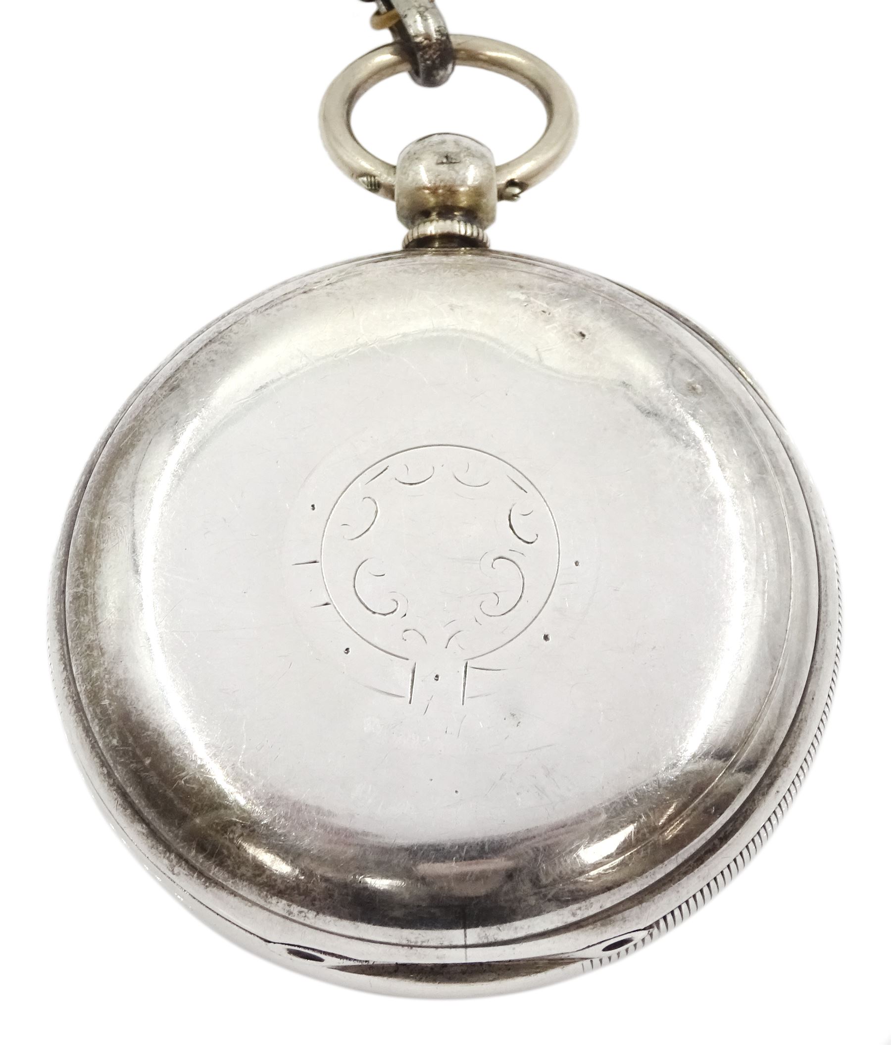 Victorian silver open face key wound lever pocket watch by L. Hinchcliffe, Hope Street, Filey, No. 67874, white enamel dial with Roman numerals and subsidiary seconds dial, case by Samuel Yeomans, Chester 1893, on white metal Albert chain with silver fob