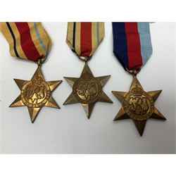 Ten WW2 medals comprising two 1939-1945 war medals, two Defence medals, two 1939-1945 Stars, two Africa Stars, France & Germany Star and Burma Star; together with bar of four miniature medals; all with ribbons