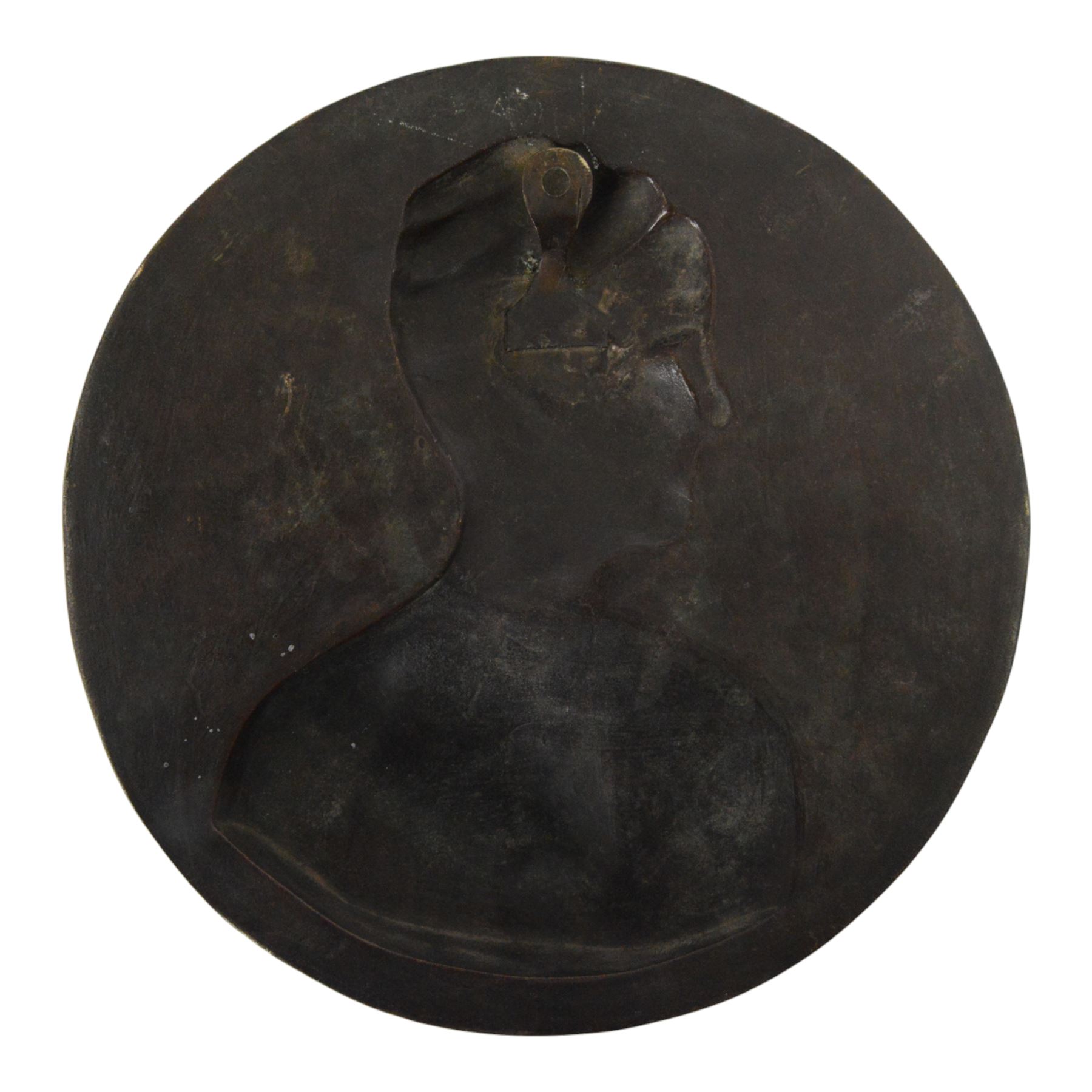 Bronze wall plaque, of circular form, cast in relief with the the head and shoulders of a woman in profile, believed to by Lady Hamilton, impressed W. Wright, Modeller, D25cm