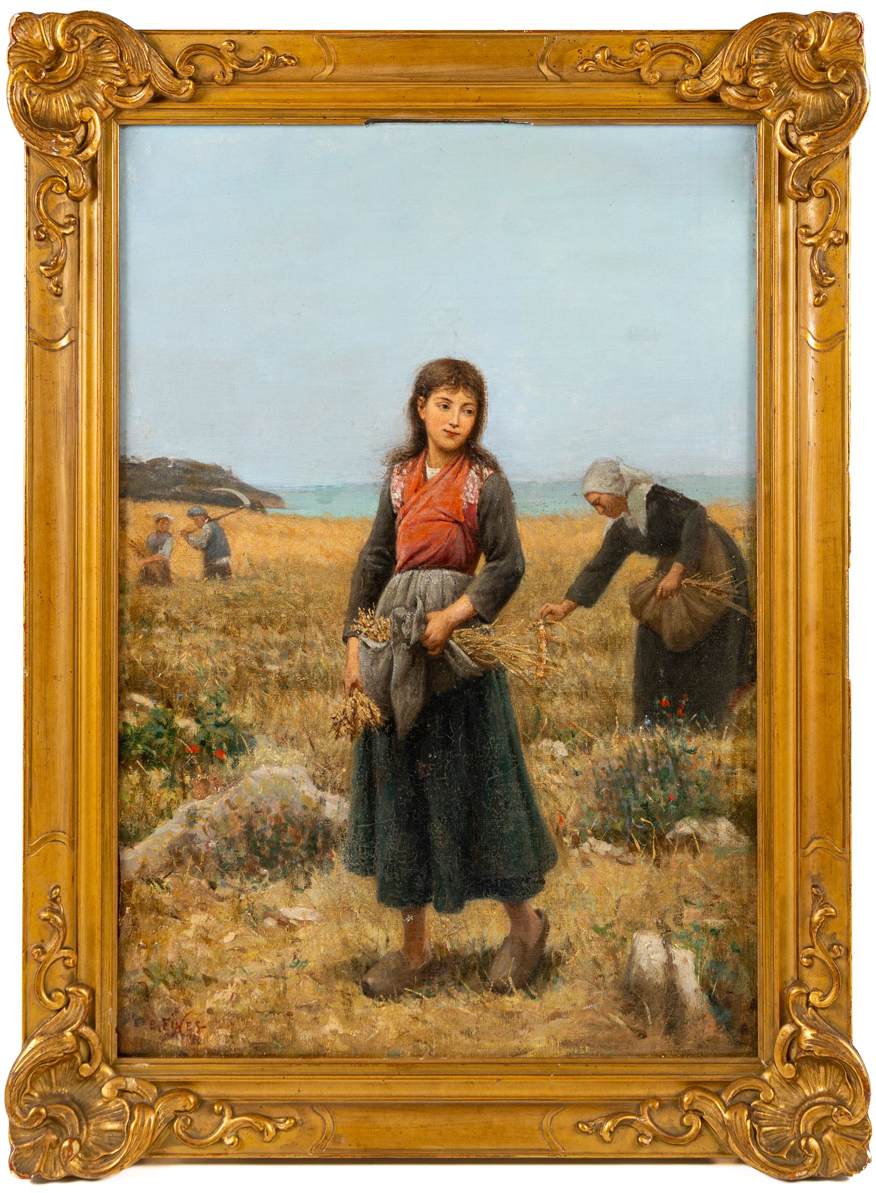 Eugene Francois Fines (French 1826-1882): Harvest Time, oil on canvas laid onto panel signed 54cm x 37cm
