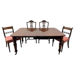 
Late Victorian mahogany extending dining table and four chairs, rectangular top with rounded corners and moulded edge, fitted with two additional leaves, raised on turned and reeded legs with brass castors, with a pair of Victorian mahogany hall chair, with curved top rail and plain splat, padded seat in textured salmon pink fabric, raised on turned and tapering front legs and another pair of early 20th century mahogany dining chair, with shield back and carved pierced splat, serpentine seat rail with striped upholstered cushion, raised on moulded square front legs