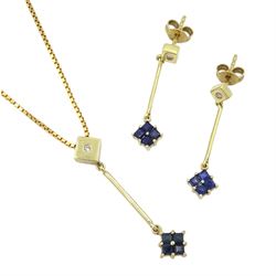 Gold square cut sapphire and diamond pendant necklace and pair of matching earrings, all hallmarked 9ct