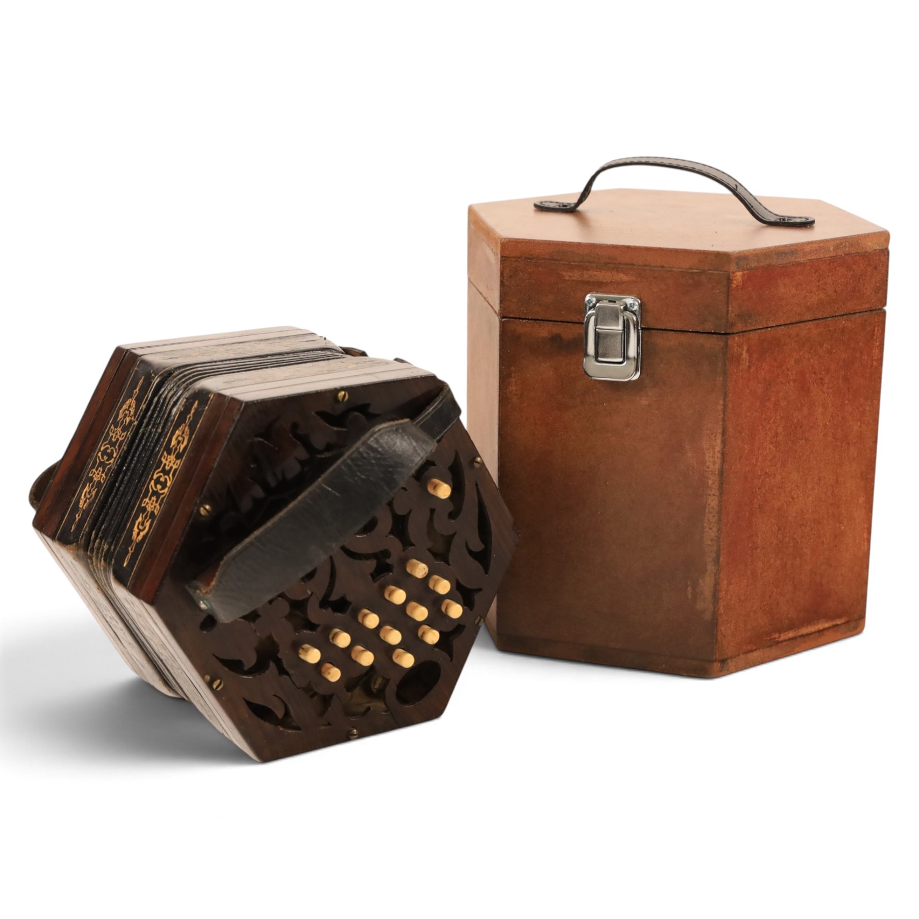 Late 19th century Anglo three-row concertina by C. Jefferies, twenty-six bone buttons, circa 1880, stamped 'C Jefferies Maker', in modern custom made carry case